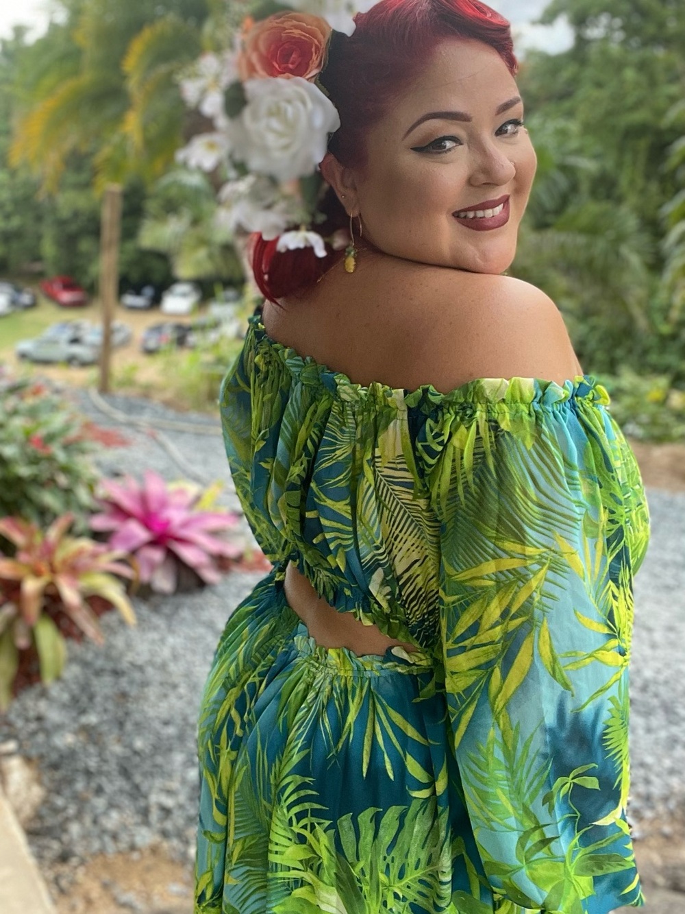 Off-Shoulder Tropical Maxi Dress in Green and Blue Leaf Print